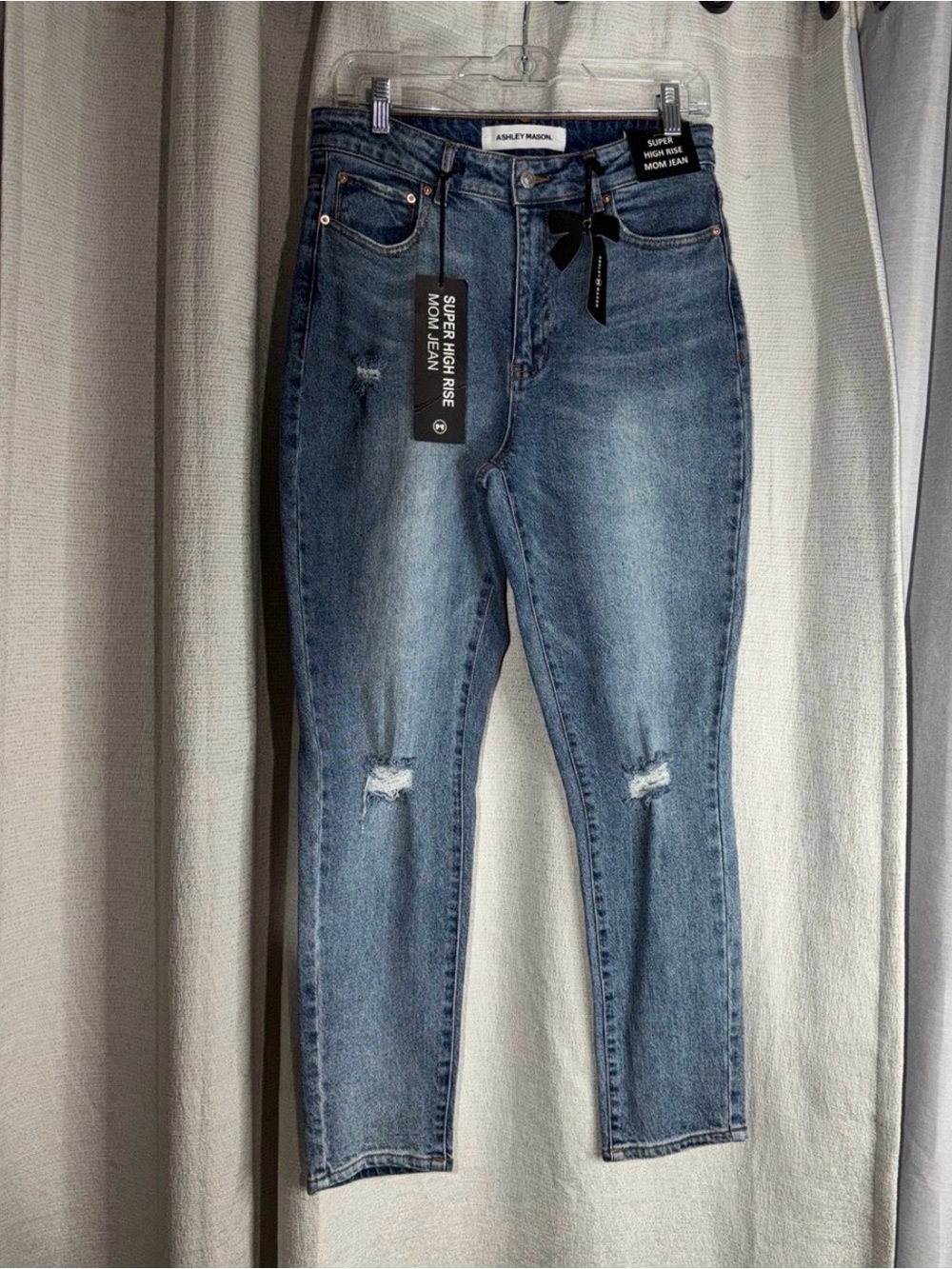 Ashley Mason Medium Blue Super High Rise Distressed Mom Jeans